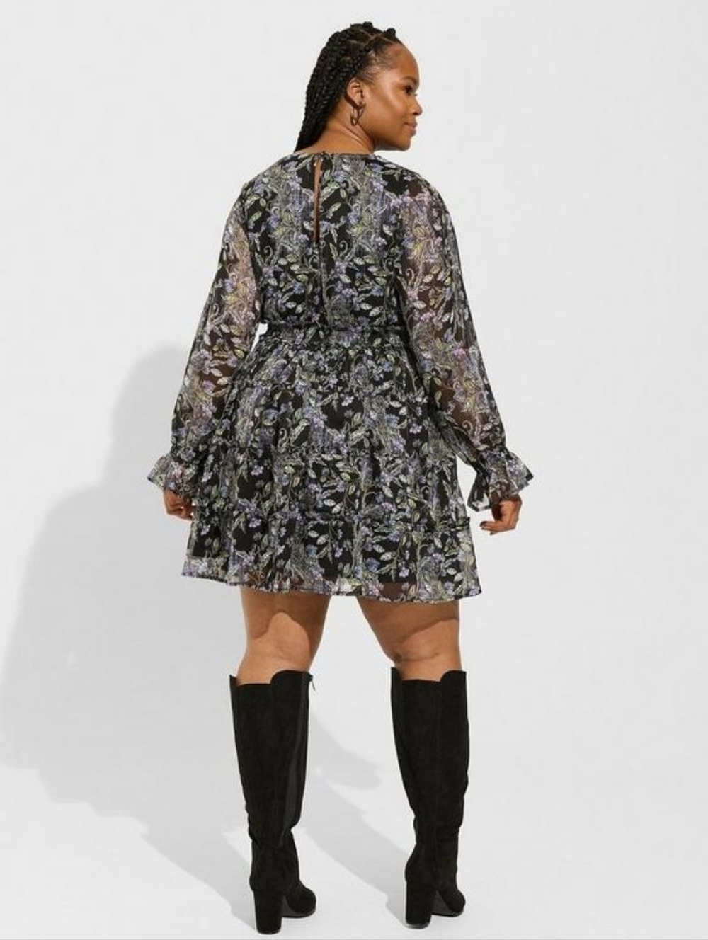 Mini Lurex Chiffon Tiered Dress Floral Black 2X NWT - Picture 2 of 5